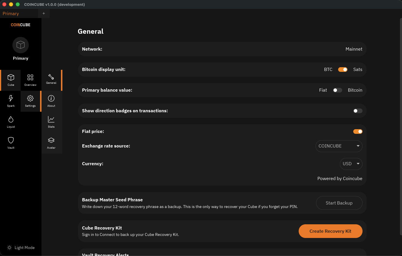 Settings General page showing Bitcoin display unit set to Sats